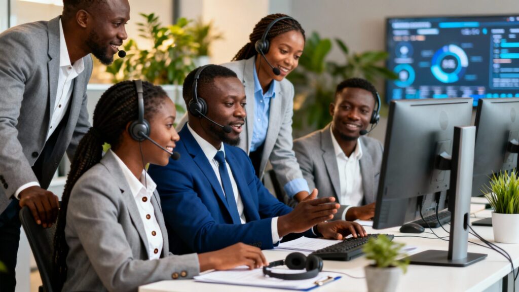 "Ia générative pour centres de contact : roi, gains et limites" avec des noirs mais sans aucun texteIa générative pour centres de contact : roi, gains et limites